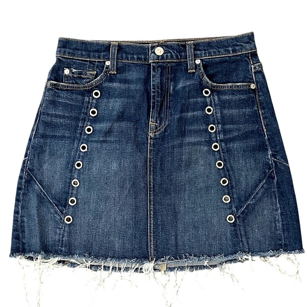 7 For All Mankind Denim Mini Skirt Grommet Raw Hem A-Line Medium Wash Sz 27